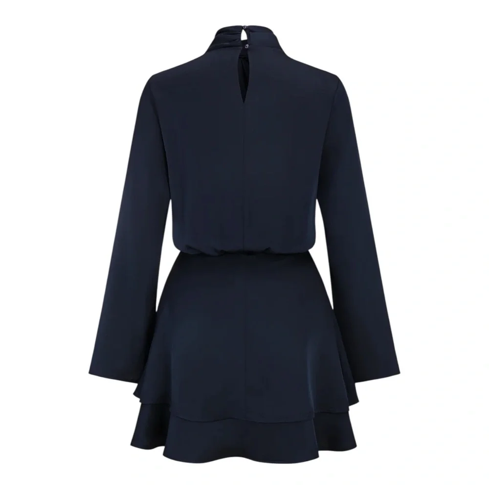 Commense Navy Satin Cross Neck Tiered Mini Dress  Cocktail Party Medium NWT - Picture 3 of 9